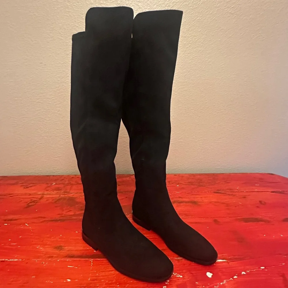 Nine West Allair2-WC Black Wide Calf Tall Boots Womens 9.5 Faux Suede Flat Heel